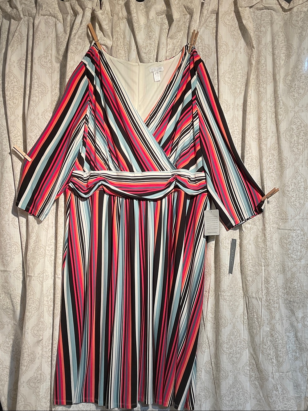 London Times Striped Wrap Midi Dress in Pink, Red, Black and Blue